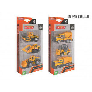 Set 3 mezzi da cantiere in metallo a ruota libera 2 ass.ti