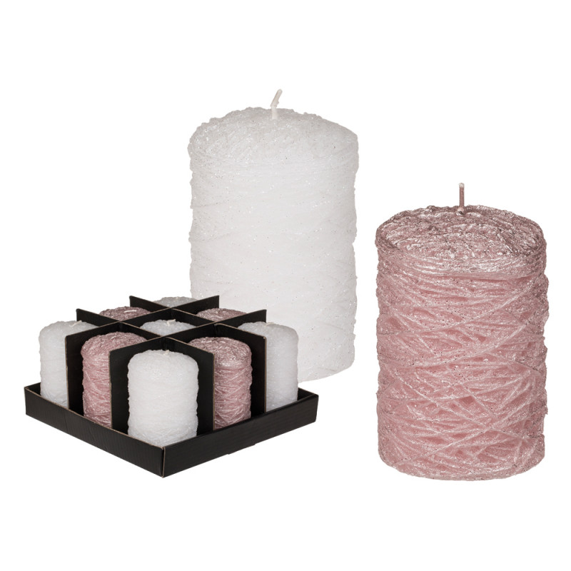 Candela cilindrica con glitter rosa e bianca cm. 10 display 9 pz