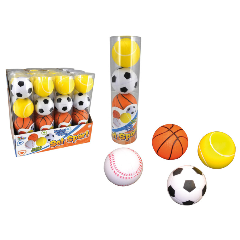 Tubo 4 palline sportive in spugna display 12 tubi