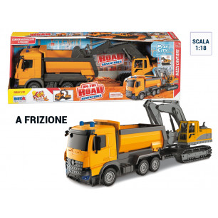 Set camion cassonato e scavatrice da cantiere scala 1:18