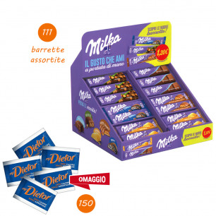 Offerta vassoio Milka barrette da 111 pz con omaggio 150 bustine Dietor