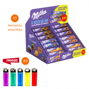 Offerta vassoio Milka barrette da 111 pz con omaggio 50 accendini pietrina