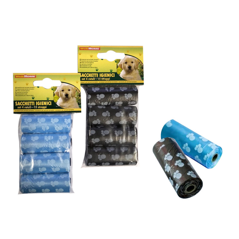 Set 4 rotoli sacchetti igenici per cani decorati da 15 sacchetti