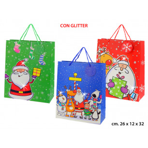 Borse Natale con glitter sfondo colorato cm 26x12x32