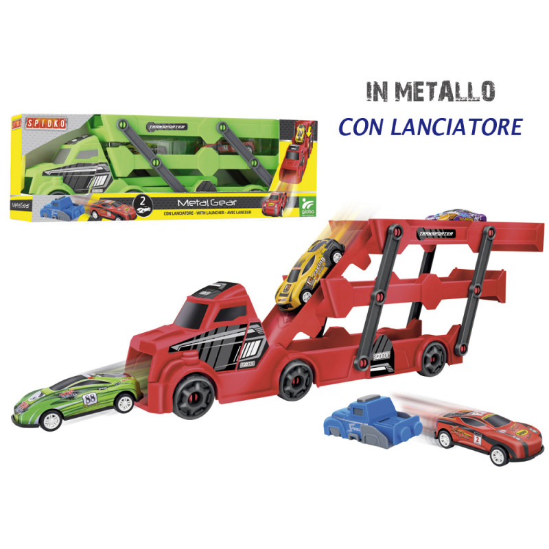 Camion portauto con lanciatore e 2 auto in metallo