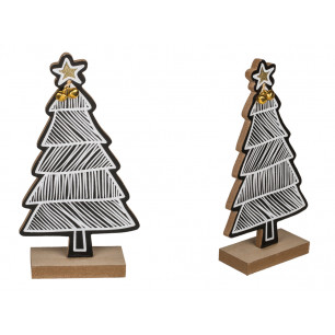 Albero di Natale in legno cm. 19,5 nero con decori bianchi e campanelle