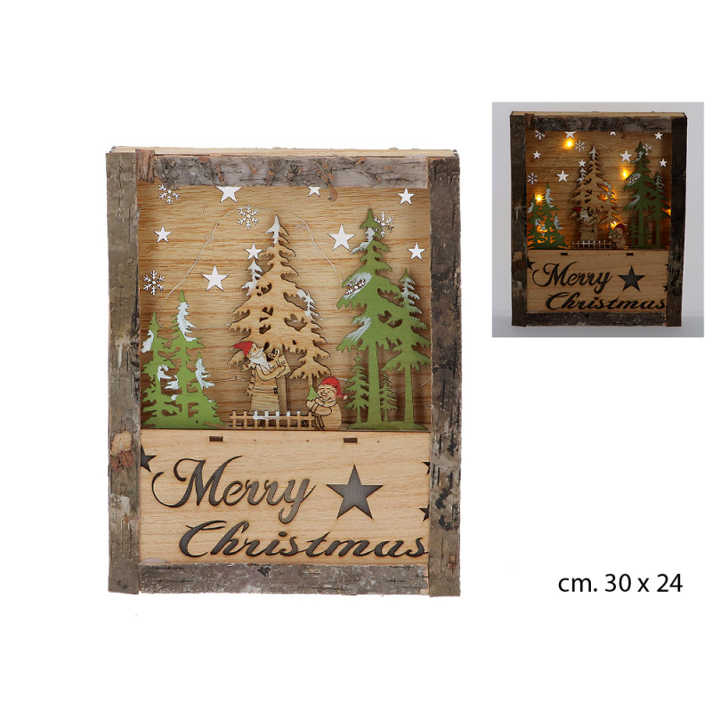 Quadro in legno da appoggiare con scenario Merry Xmas e con luci