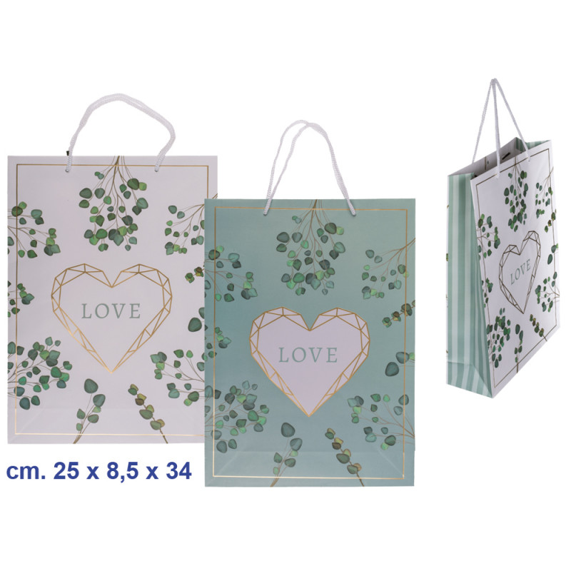 Borsa plastificata bianca e verde Love cm. 25 x 8,5 x 34