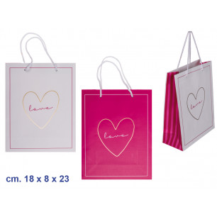 Borsa plastificata bianca e rosa con scritta Love cm. 18 x 8 x 23