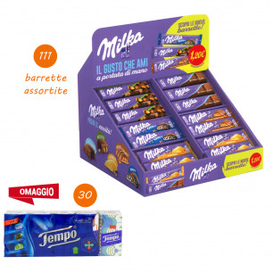 Offerta vassoio Milka barrette da 111 pz con omaggio 30 fazzoletti Tempo