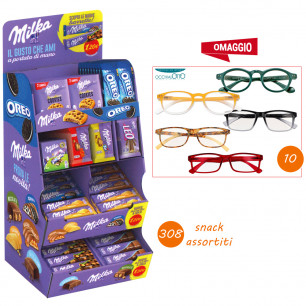 Offerta espositore Milka da 308 pz con omaggio 10 Occhiali da lettura Occhialotto