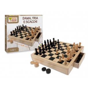 Set giochi dama, scacchi, tria in legno con cassetti apribili