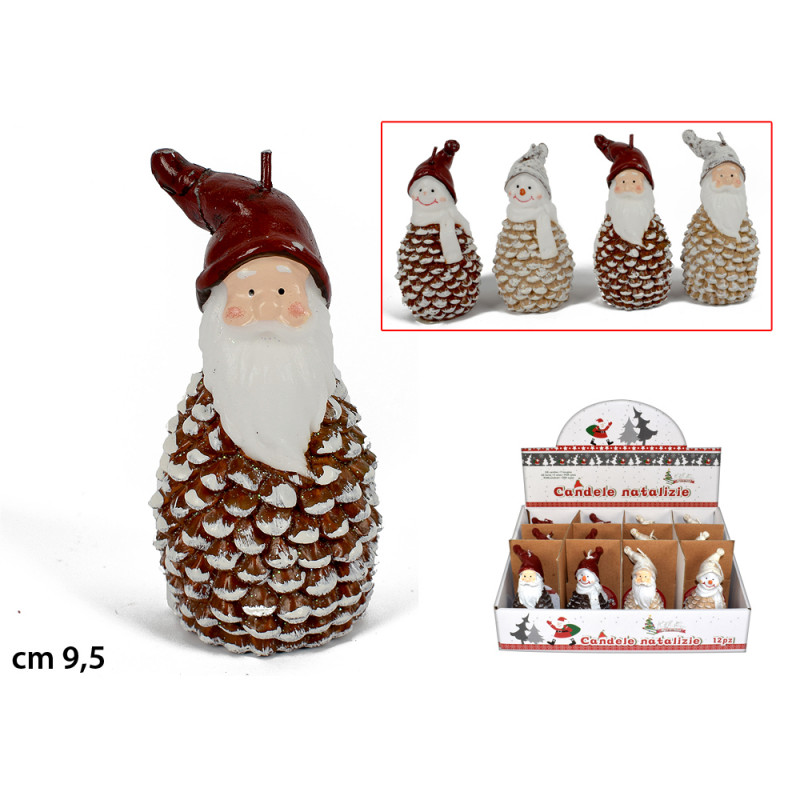 Candela Babbo Natale e pupazzo di neve pigna display 12 pz in 4 ass.ti