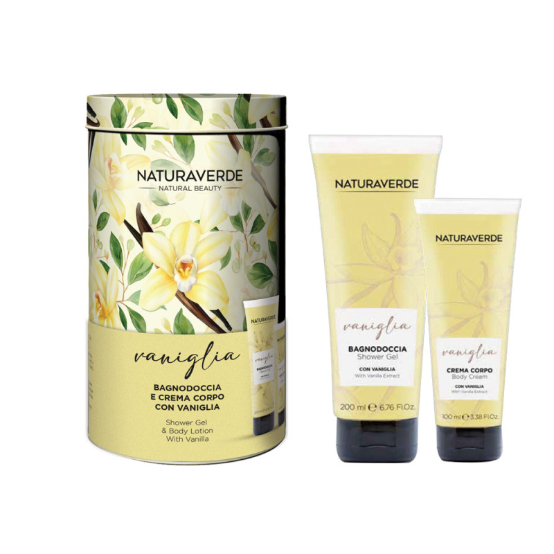 Set Regalo Naturaverde in latta Vaniglia con 1 docciaschiuma 200ml e 1 crema corpo 100ml