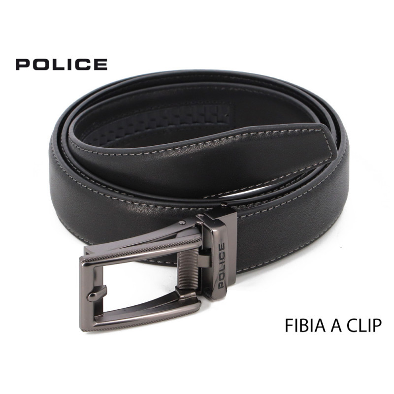 Cintura Police in pelle nera con fibia clips e cucitura